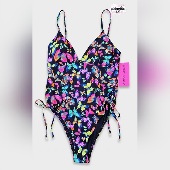 Betsey Johnson One-Piece Swimsuit with Neon Butterfly Print Size Large